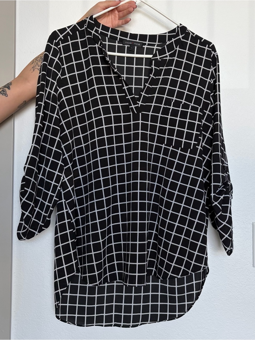 Moa Moa Black and White Windowpane Split-Neck Tunic